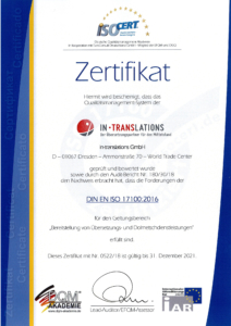 Zertifizierte Übersetzung Zertifikat DIN EN ISO 17100 2016
